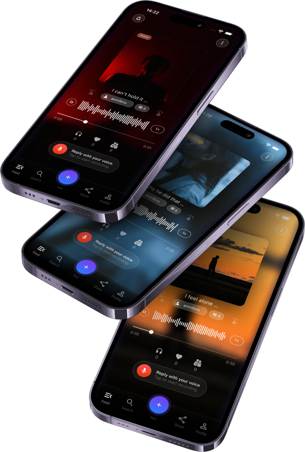 The Voila app — anonymous voice posts about family, friendship and loneliness, each coloring the screen with its mood